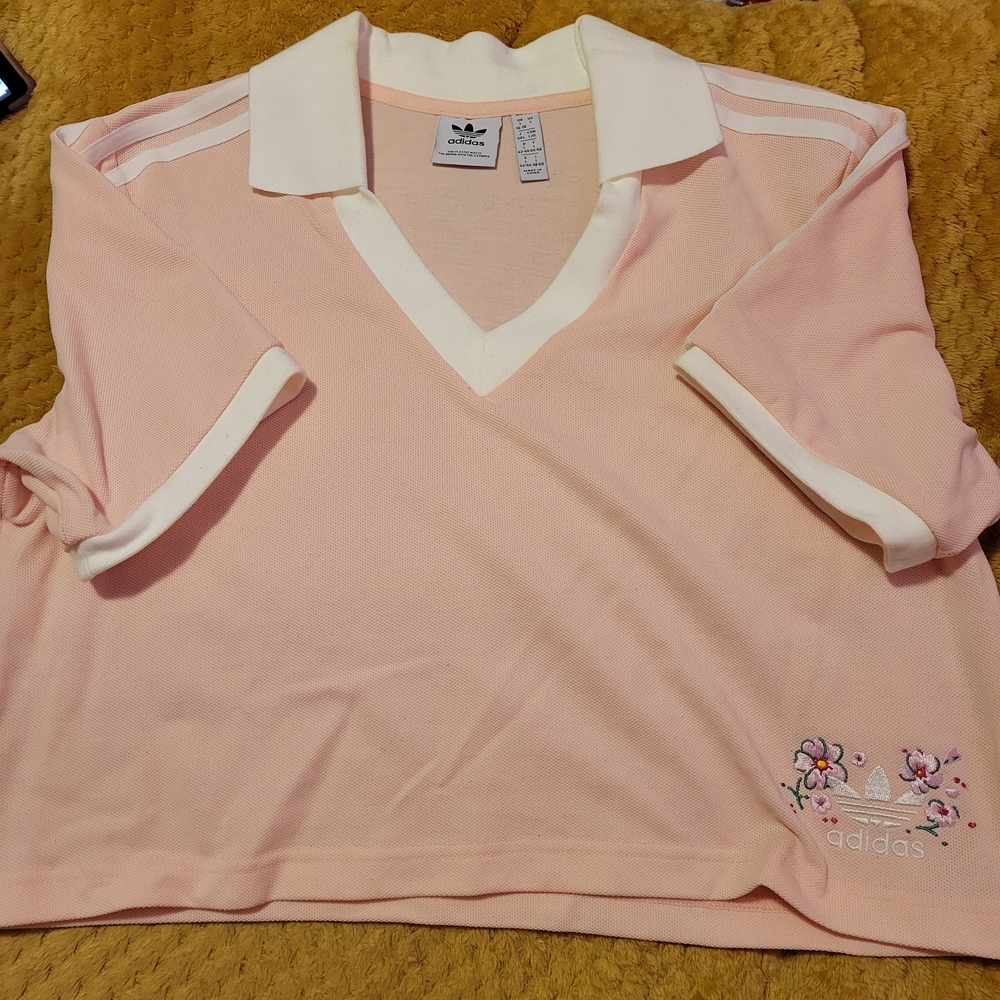 Adidas Light Pink Cropped Polo with Floral Accents - SIZE L